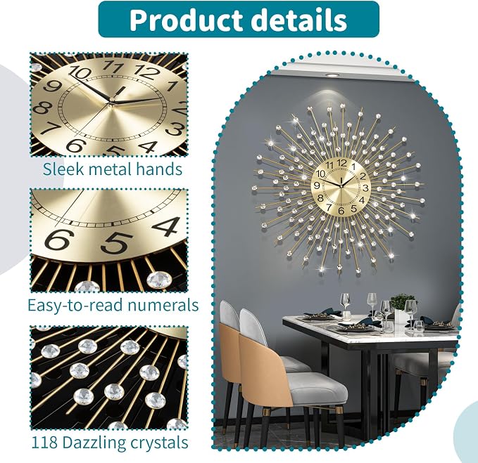 Extra Large Wall Clocks for Living Room Big Modern Wall Clock Silent Battery Operated Non-Ticking for Bedroom Office Kitchen Home 28 Inch Gold Clock Crystal Home Decorative