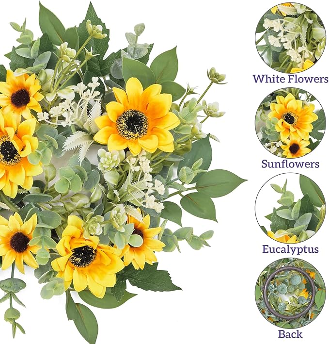 WELL KNOWN 2 Pcs Mini Spring Floral Candle Rings Wreaths for Pillars Home Table Window Decor, 9 Inches Artificial Flower Cabinet Wreath for Kitchen Farmhouse Wedding Party (Yellow Sunflower)