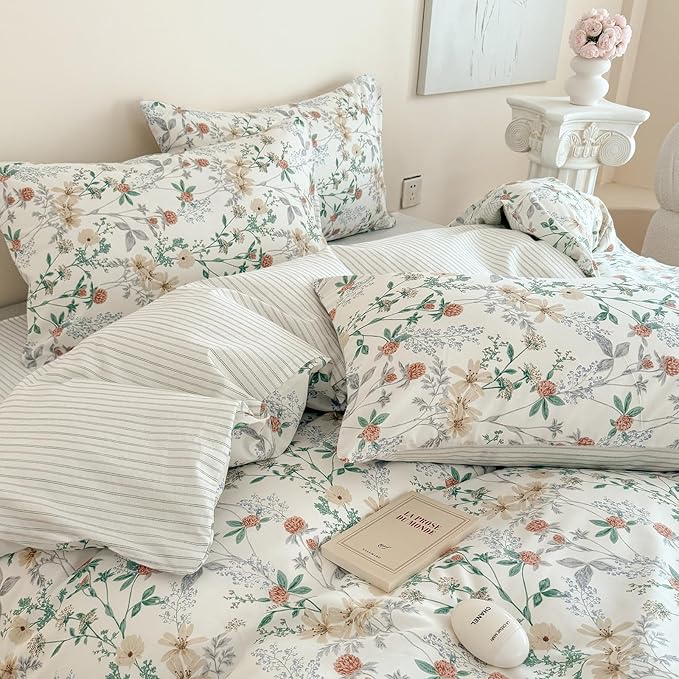 EAVD Girls Floral Duvet Cover Twin Soft 100% Cotton Garden Chic Floral Leaves Pattern Bedding Set with 2 Pillowcases Fresh Botanical Comforter Cover with Zipper Closure