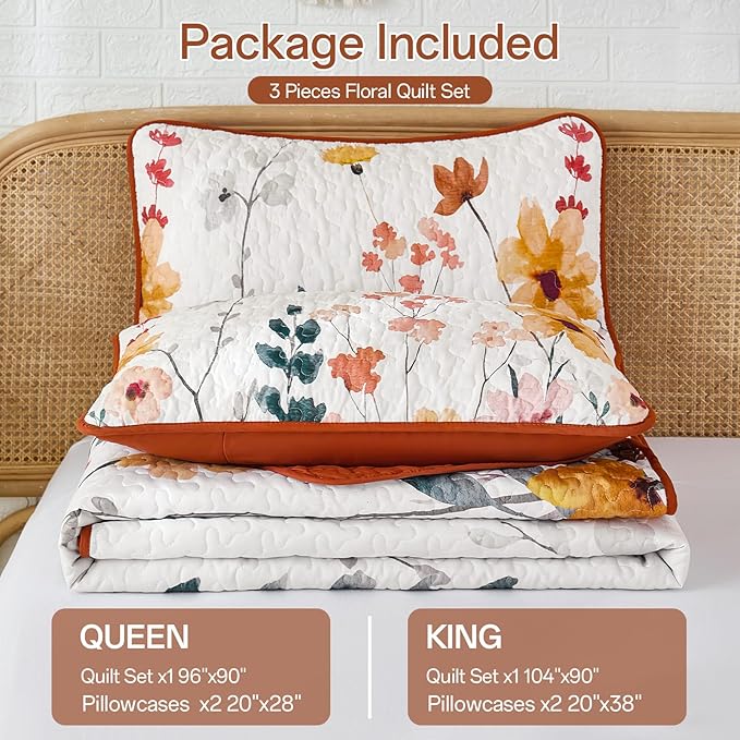 Anibedding Floral Quilt Set King Size, Burnt Orange Bedspread with 2 Pillowcases, Soft Microfiber Lightweight Coverlet Bedding Set for All Season(104"x90")