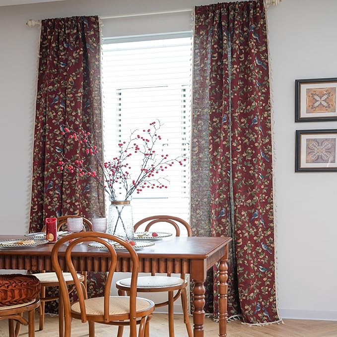 ENJOYBRIDAL Floral 84 Inch Curtains for Living Room Maroon Drapes Bird Pattern Jacquard Rod Pocket Window Curtain Panels Bedroom Farmhouse Decor Boho Tassel Semi Blackout 2 Panels Window Treatments