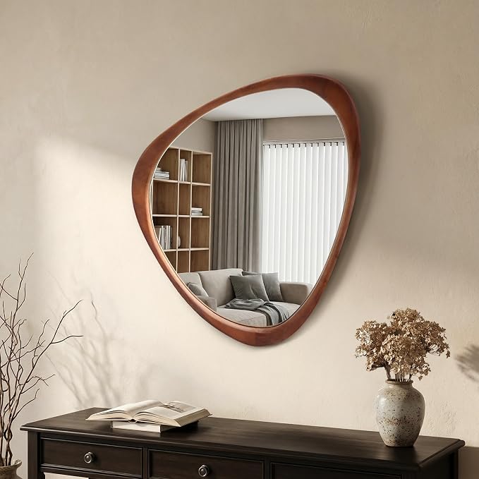 24''x19'' Asymmetrical Mirror with Wood Frame, Small Irregular Wall Odd Shaped Mirror Mid Century Modern Decor for Bedroom Living Room Entryway Hall