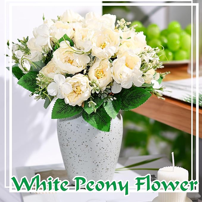 Olgaa 12 Bundles Peonies Artificial Flowers Fake Peony Bouquet Faux Peonies Flowers Bulk with Stems Flower Balls for Centerpiece Table Decorations Wedding Bridal Floral Arrangement (White)