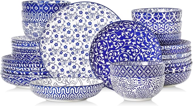 Selamica Ceramic Plates and Bowls Sets,32 Pieces Dinnerware Sets for 8,Scratch Resistant Dish Set for family gathering,Dishwasher & Microwave Safe, Vintage Blue