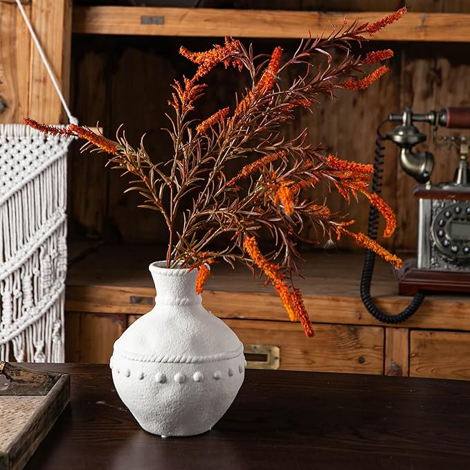 Rustic Ceramic Vase with Boho Wooden Beads, Matte Decorative Pottery for Modern Farmhouse and Bohemian Decor, Floral Arrangements, Living Room, Dining Table Centerpieces