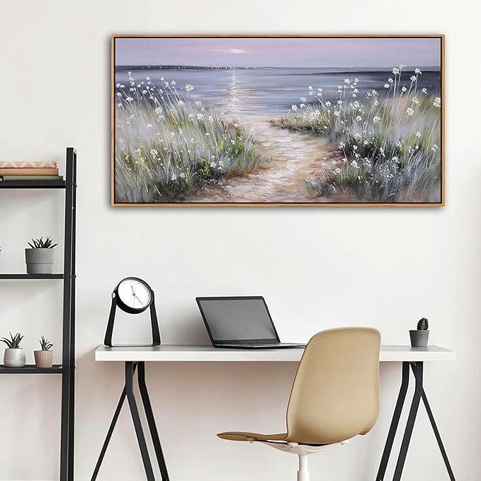 KLAKLA Bedroom Decor Wall Art Blue Beach Picture Ocean Theme Flower Canvas Print Modern Coastal Seascape Painting Framed Seaside Artwork Floral Daisy for Home Sea Lake Living Room 20x40 Inch