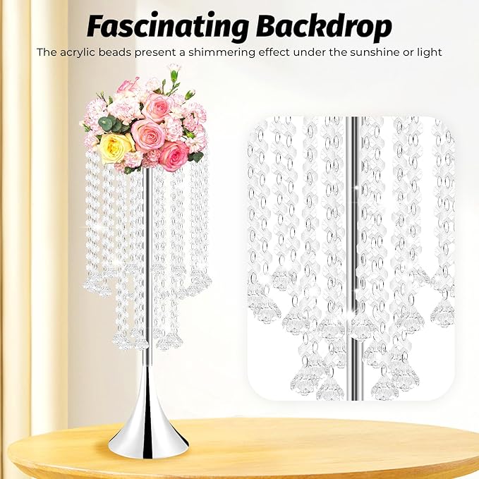 10 Pack Acrylic Crystal Flower Vases, Trumpet Shape Centerpiece with Hand-Strung Beads, Flower Stand Wedding Centerpieces on Floor for Wedding Aisle Decor, Event Centerpieces Decoration (Silver)