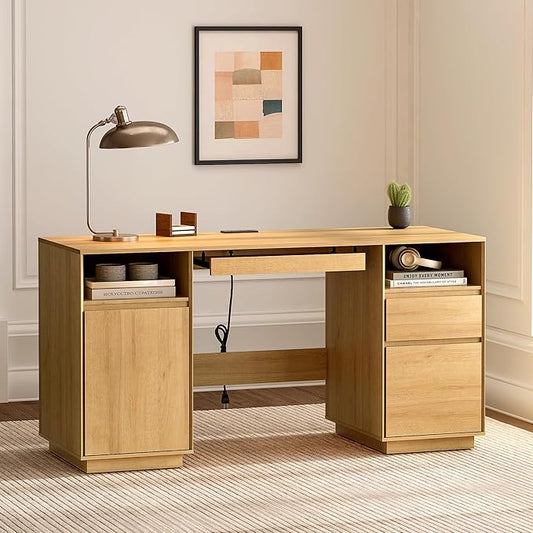 Farmhouse Executive Desk with File Drawer 59" Large Computer Desk Home Office Desk with Charging Station, Keyboard Tray, Storage Cabinet Modern Workspace for Study, Writing, Nautral Oak