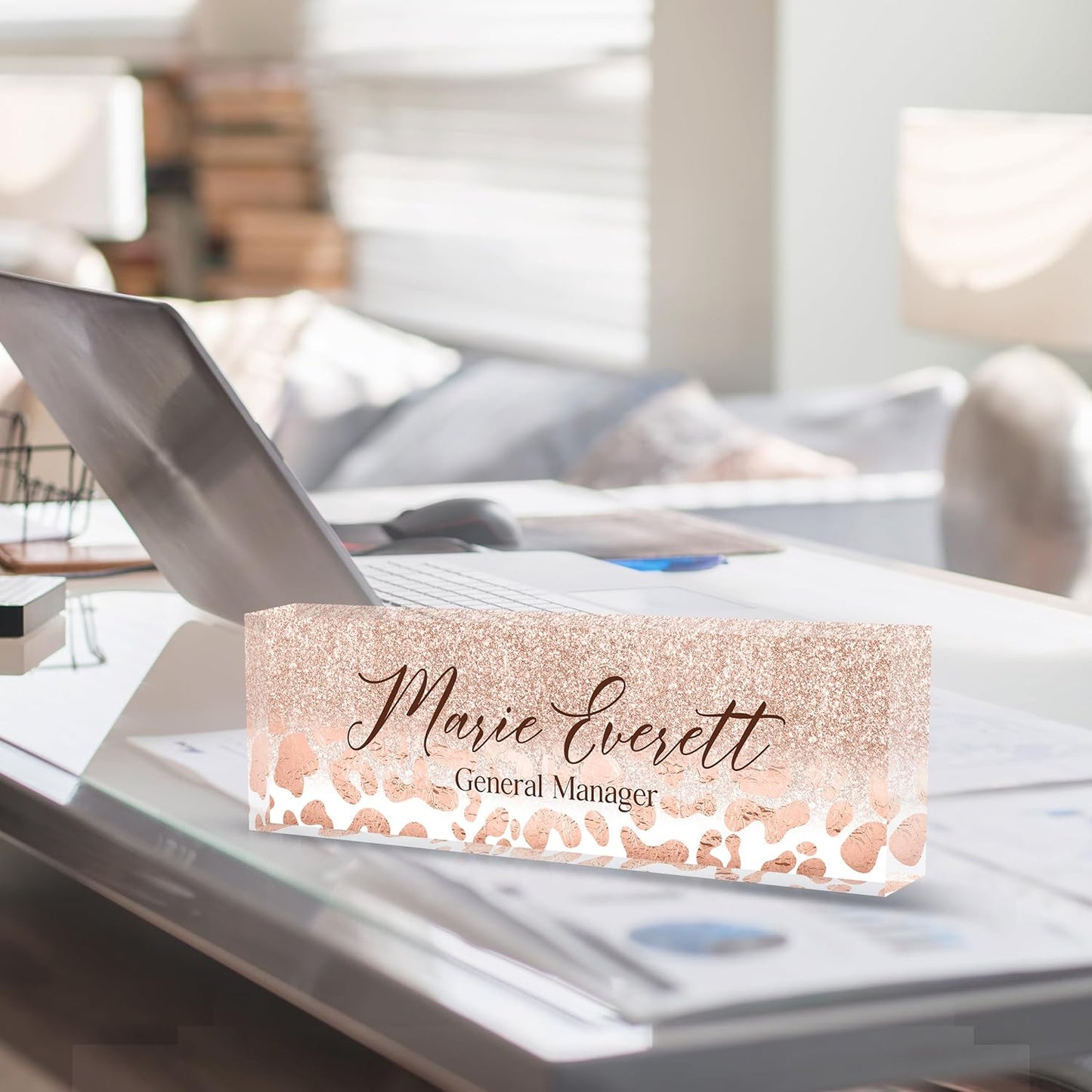 Skiennix Custom Name Plate - Personalized Desk Name Plate | Elegant A-Rose Gold Leopard Print Design
