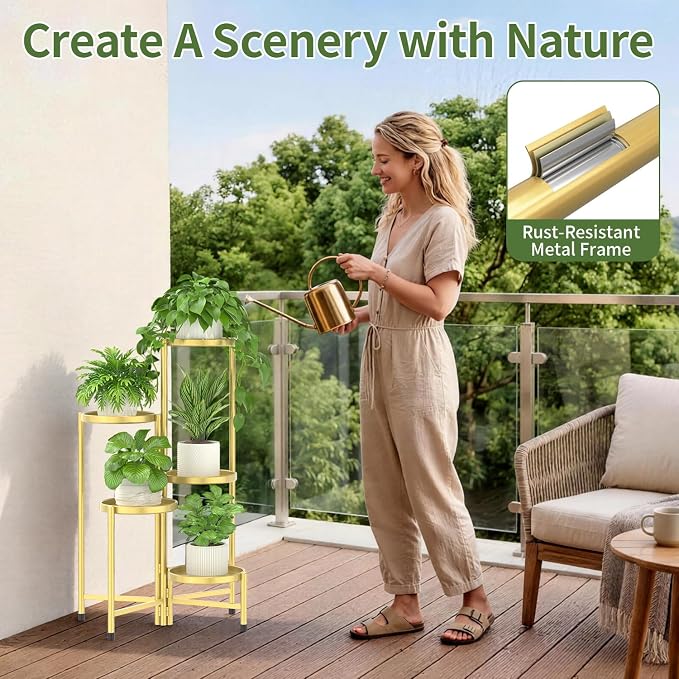 LASZOLA 5 Tier Large Plant Stand Indoor Tall with 10 Inch Metal Tray, Corner Folding Flower Display Rack, Modern Plant Holder Shelf for Outdoor Patio Porch Garden Office Living Room, Gold