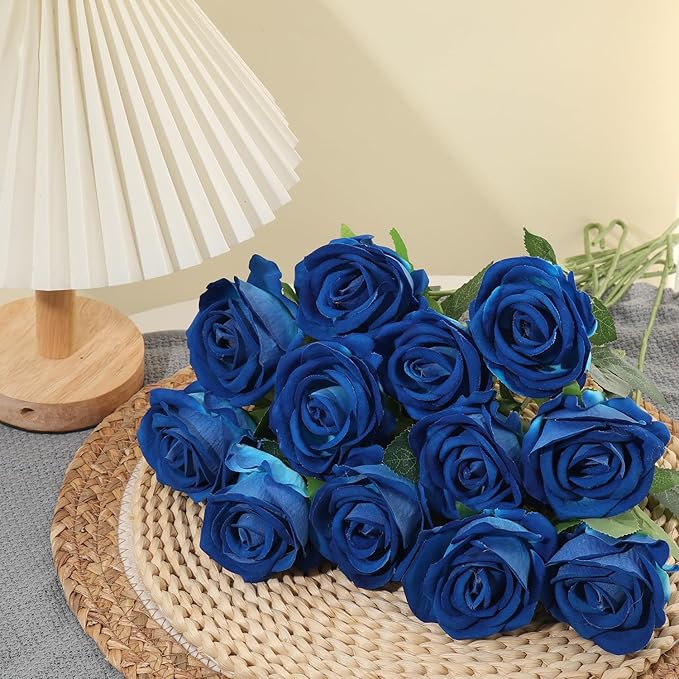 12Pcs Blue Roses Artificial Flowers Fake Roses Faux Velvet Silk Flower for Home Wedding Decoration (Pearl Rose, Blue)