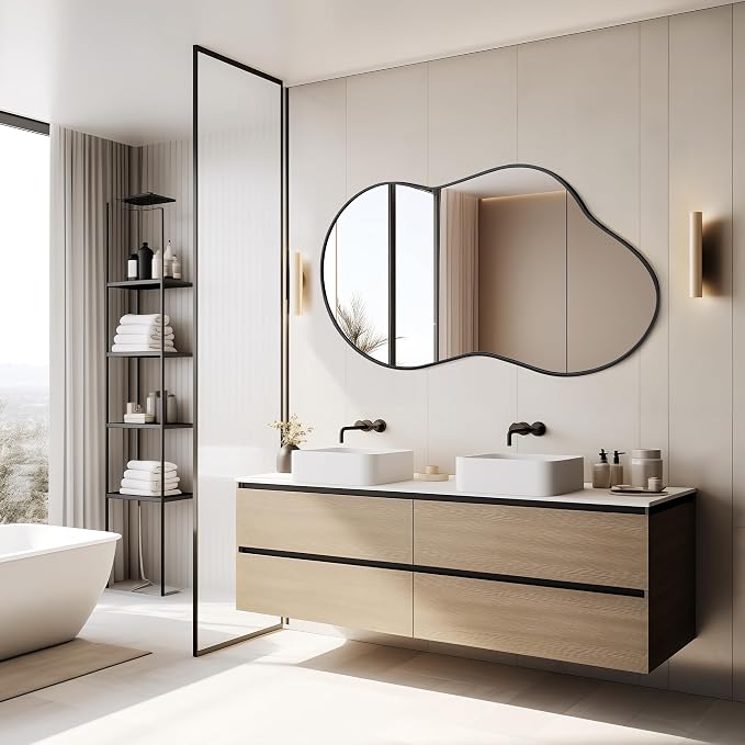 Dorlicecass Irregular Wall Mirror - Wall Mirrors Decorative 20"x36" Black Asymmetrical Mirror Tempered Glass Aviation Aluminum Alloy Frame for Bathroom, Bedroom, Living Room, Cloakroom, Entryway