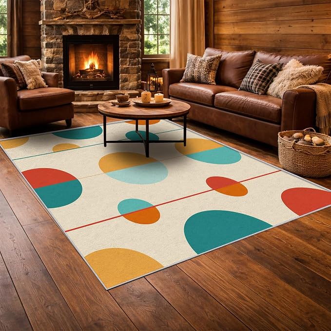 Mid Century Modern Area Rug 4x4, Washable Non Slip Low Pile Abstract Geometric Carpet for Living Room Bedroom Dining Room, Minimalist Retro Circle Accent Rug, Ivory Teal Mustard Orange