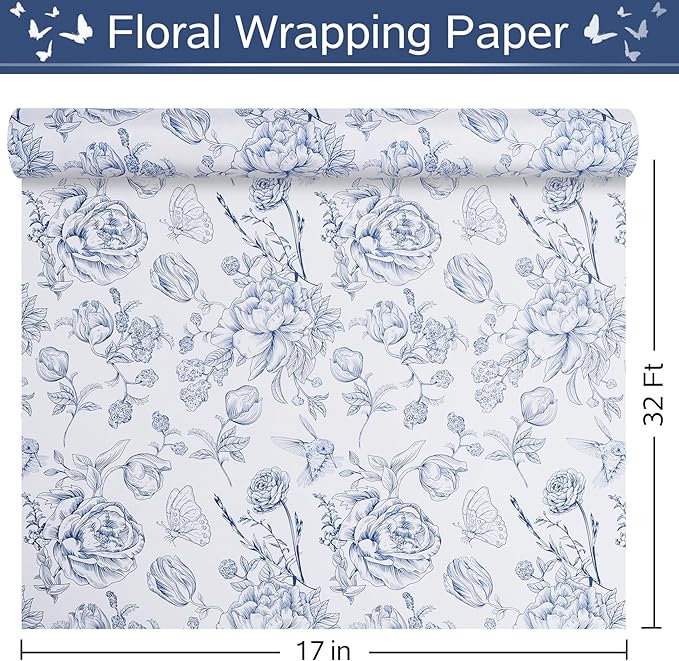 RayofSun Blue Floral Wrapping Paper Roll 17 in x 32ft Mini Roll Vintage Toile Flower Gift Wrap Paper for All Occasion Wedding Birthday Bridal Shower Party Baby Shower Christmas