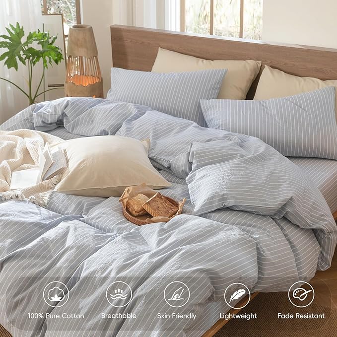 MooMee Striped Duvet Cover Set 100% Washed Cotton Linen Like Textured Breathable Durable Soft Comfy (Cornflower Blue White Wide Stripes, Cal King 104"x98")