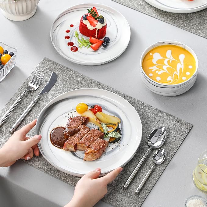 MALACASA Plates and Bowls Sets, 12 Pieces Porcelain Dinnerware Sets Dishware Sets Chip Resistant Ceramic Dish Set Dining Dinner Ware Service for 4, Marble Grey, Series LUNA