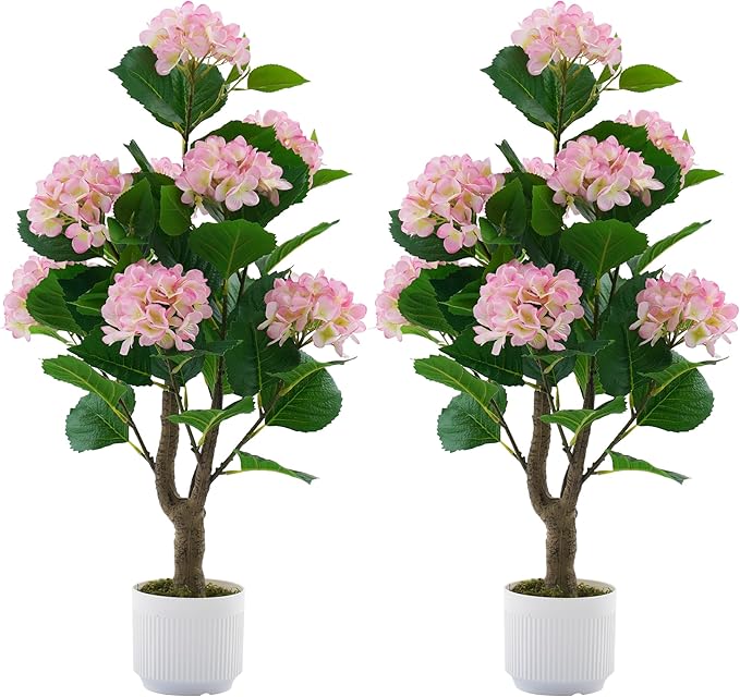 Artificial Hydrangea Tree 2 Pack, 3FT Faux Hydrangea Plant in Pot with Pink Flowers, Greenery Potted Plant for Indoor Outdoor Office Home Porch Decor, Pink