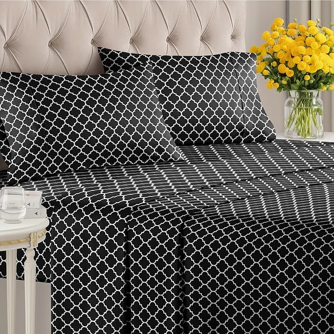 Black Geometric Bed Sheets - 1 Flat & 1 Fitted Sheet & 2 Pillowcases w/ Deep Pockets – Wrinkle & Fade Free- Ultra-Soft, Breathable and Cooling - Luxury Moroccan Bed Set – King Size - Black Quatrefoil