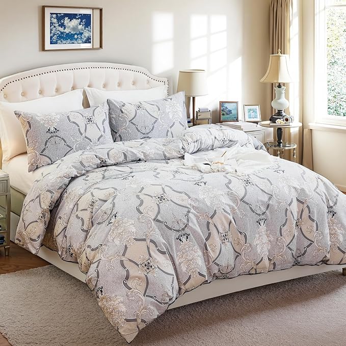 100% Natural Cotton Duvet Cover Set Queen 3 Pcs Grayish Duvet Cover with Luxurious Damask Pattern, Reversible Breathable Soft Comforter Cover Sets with Zipper Closure All Season