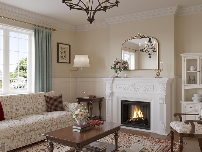 Champagne Bronze Bathroom Mirror, 32"x24" Mantle Mirrors for Fireplace, Vintage Gold Arched Wall Mirror for Over Sink, Livingroom, Entryway, Bedroom, Haning or Leaning