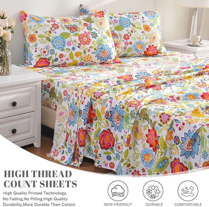 Bedlifes King Sheet Set Ultra Soft, Breathable, Silky Flower Deep Pocket 100% Microfiber Bedding, 4 Piece King Size with Floral Spring Design