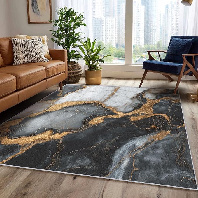 Black White Gold Marble Area Rug, Modern Abstract Pattern Carpet, Washable Non Slip Low Pile Soft Thin, Living Room Bedroom Home Decor Mat 6x8ft