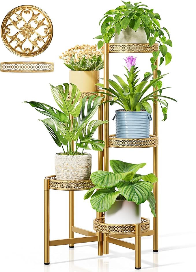 Gold Plant Stand Indoor Outdoor, Corner Metal Flower Pot Stands for Multiple Plants, 5 Tier Heavy Duty Plant Shelf for Patio Garden Balcony Living Room Bedroom - GoldWave