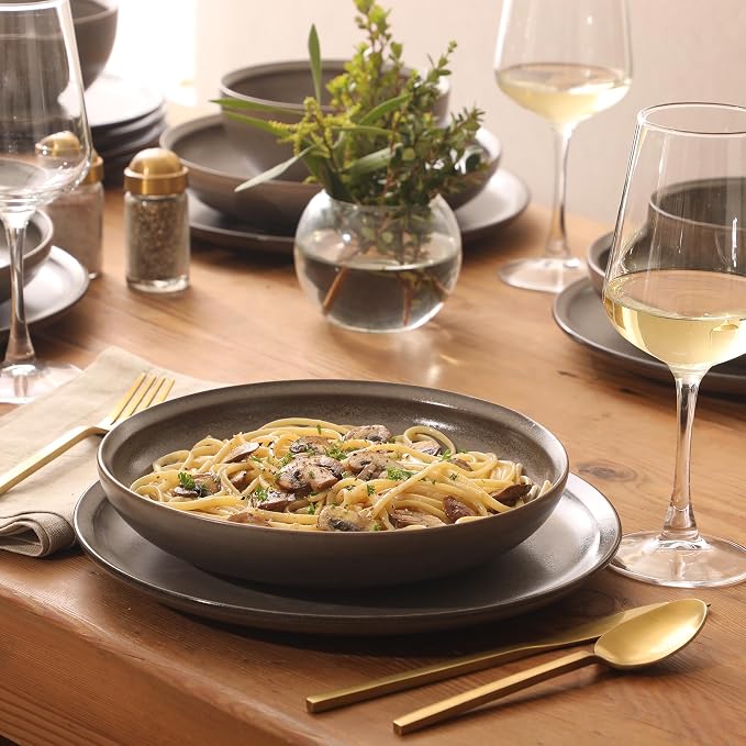 Gibson Elite Beckett Stoneware Matte Reactive Glaze 16 Piece (Service for 4) Plates and Bowls Dinnerware Set - Grey