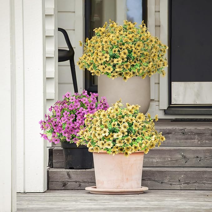 Artificial Flowers Outdoor Faux Plants UV Resistant Fake Patio Flowers Plastic Greenery Plnats Outside Bulk for Spring Garden Hanging Planter Home Vase Decor, 12 Bundles (Yellow)