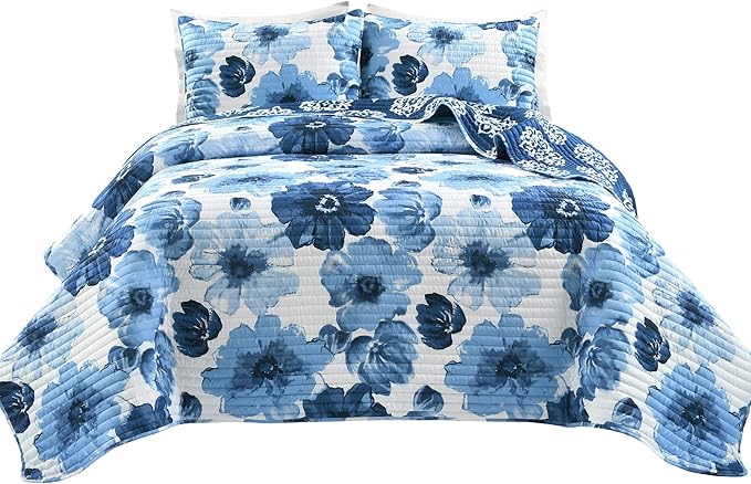 Lush Decor Leah Reversible Floral Quilt Set, 3 Piece Set, Full/ Queen, Navy & White - Watercolor Botanical - Cottage Core - French Country Decor- Bedding Queen Size
