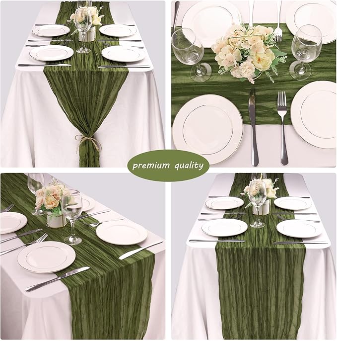 12 Pack Boho Gauze Table Runner - 35x72 Inch, Rustic Cheese Cloth, Long, Romantic, for Wedding, Bridal Shower, Birthday Party Decor (Grass Green)