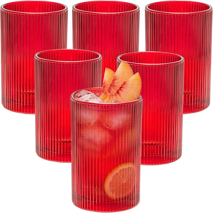 18 oz Ribbed Drinking Glasses Set of 6, High Clear Vintage Iced Coffee Cups Elegant Glassware, Highball Glass Cups Ridged Glass Tumbler for Cocktail, Whiskey, Beer, Water, Juice, Origami Style Red