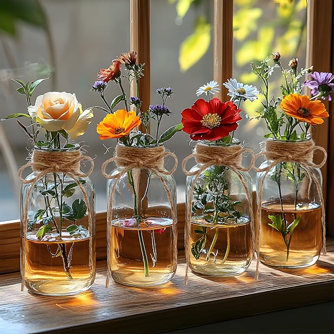 Vintage Glass Vases for Flowers, Set of 12 Clear Vases for Farmhouse Wedding Centerpiece Cylinder Bottle for Reception Table Decoration Home Decor Floral Arrangements