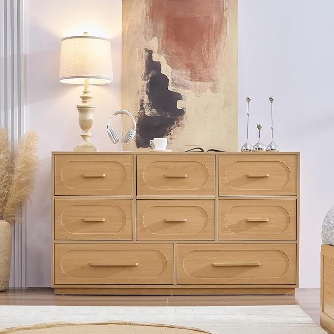 8 Drawers Dresser for Bedroom, 54" Wide Dressers & Chests of Drawers w/Solid Wood Handle, Mid Century Dresser TV Stand w/Natural Texture for Bedroom, Living Room, Natural Oak