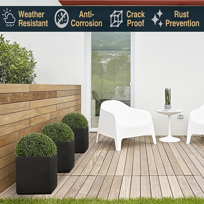 Wallowa Metallic Heavy Cube Planter Box, No Assembly Required, Seamless Large Black Outdoor Planter 17”Lx17”Wx20”H 24Pounds Black with Hand Brushed Gold Rim
