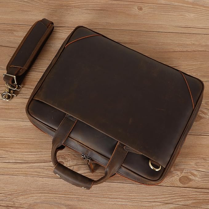 Leather Slim Briefcase for Men 15.6" Laptop Crossbody Messenger Bag Business Work Lawyer Attache Case