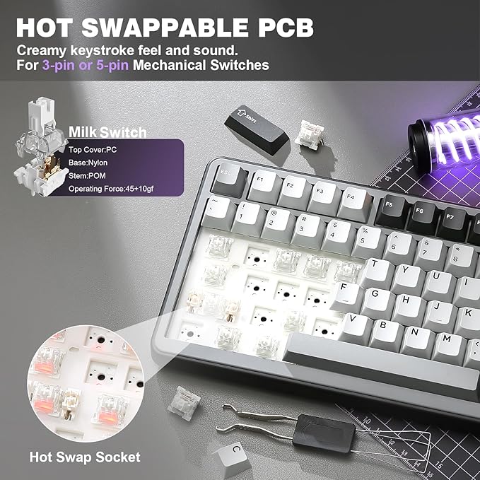 YUNZII B75 PRO Wireless Mechanical Keyboard,75% Layout with Knob,Hot Swap Gasket Structure,Creamy Pre-lubed Switches,RGB Backlit,Bluetooth/Type-C/2.4G for Win/Mac (Dark Grey, Milk Switch)