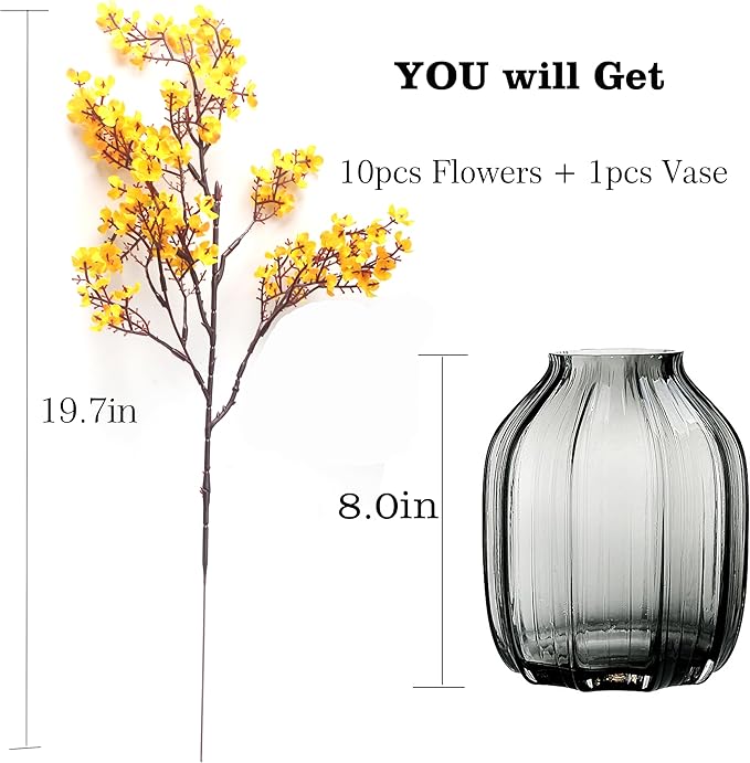 10pcs Babys Breath Artificial Flowers With Vase Gypsophila Bouquet Bulk Fake Spring Silk Flowers Real Touch Faux Floral for Home Kitchen Garden Wedding Christmas Decor (Yellow Orange With Vase)