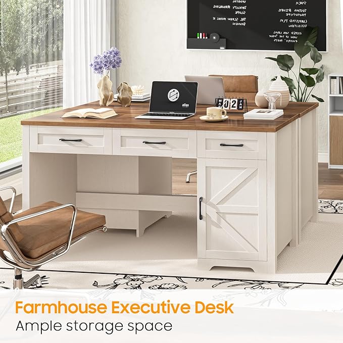 Farmhouse 59" Executive Desk,Computer Desk with 3 Drawers and Storage Cabinet,Workspace for Home Office and Study.