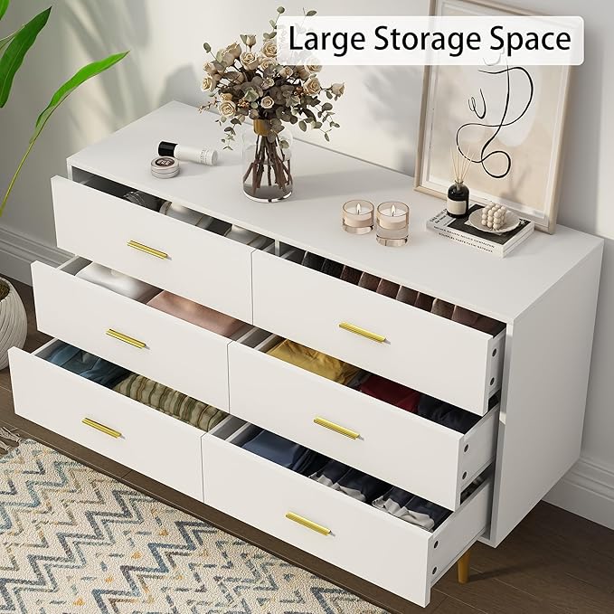 White Dresser for Bedroom with Gold Handles, 6 Drawer Wood Dresser Modern Chest of Organizer Storage Drawers for Hallway, Living Room, TV Stand