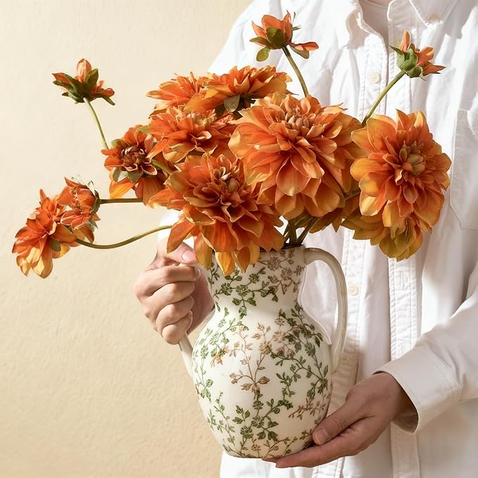 Green and Beige Farmhouse Vintage Vase with 2 Handles, Chinoiserie Floral Vase, Rustic Ceramic Vases for Home Decor, Wedding, Living Room, Table, Shelf Decor - 8.3 Inch Tall