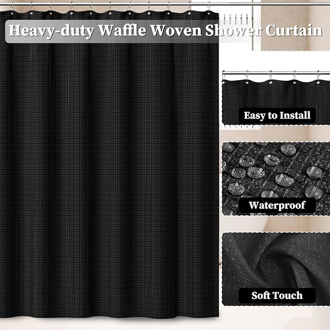 Bathroom Accessories Set, 25PCS Wicker Bathroom Accessory Set with Shower Curtain, Bath Mat, Soap Dispenser, Handwoven Trash Can & Rattan Tissue Box (Black, Bath Set+Shower Curtain+Rugs)