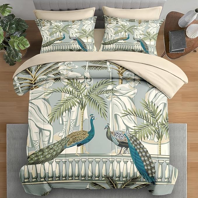 Comforter Set Queen Size, Peacock Bird Animal 7 Pcs Bedding for Kids and Adults, Floral Botanical Grey Green Bed Sheet Sets with Fitted Sheet 2 Pillowcase & 2 Sham for Bedroom Bed Decor
