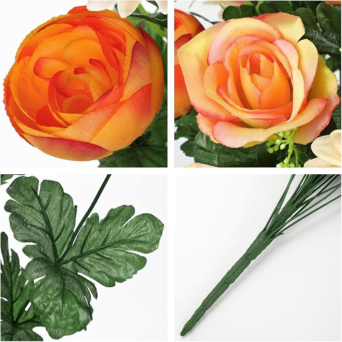 Hollyone Set of 2 Artificial Cemetery Flower for Graves Orange Cemetery Memorial Flowers for Outdoor Grave Decorations Silk Flower Arrangements Rose Ranunculus Gerbera Floral Flowers Bouquets