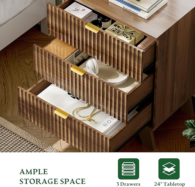Fluted Nightstand with Charging Station, 24" Wide Bedside Table with 3 Large Storage Drawers, Modern Wood Side Table Night Stand, End Table Small Dresser for Bedroom, Living Room, Dorm, Walnut