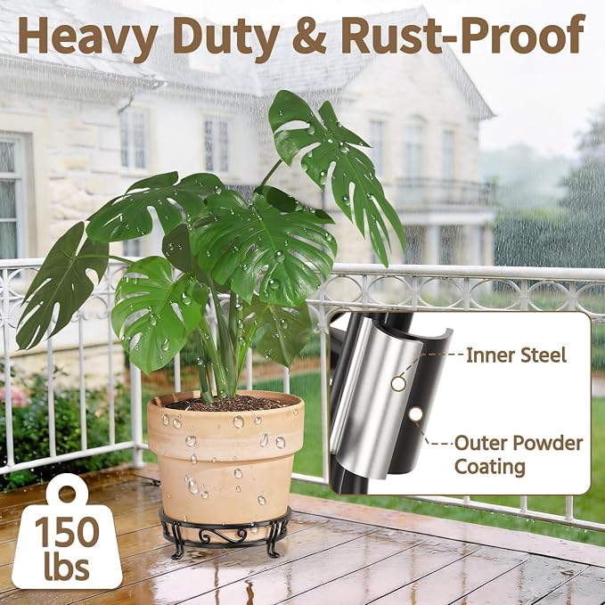 LASZOLA Black Plant Stand for Single Large Outdoor Indoor Pot, Heavy Duty Metal Floor Fern Base for 11 Inches Planter, Elevated Big Wrought Iron Flower Holder for Patio Porch, Rust Proof, 2 Pack