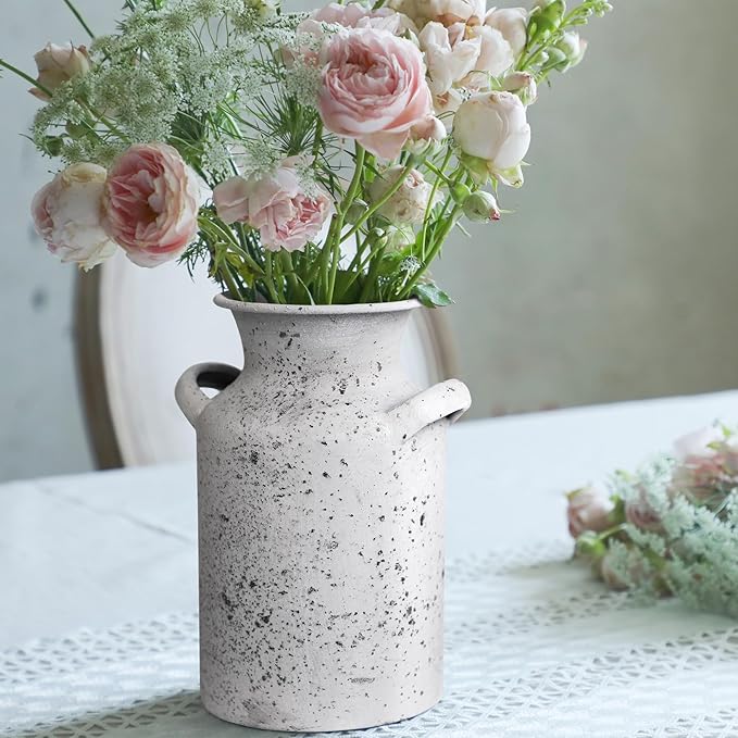 Rustic Vintage Metal Flower Vase for Decor Milk Jug Small Vases for Flowers Kitchen Decorations, Cylindrical,Perfect for Kitchen, Dining Room, Living Room,Housewarming Gift,White