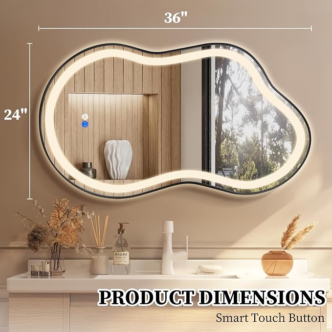 Irregular LED Bathroom Mirror with Lights, Cloud Smart Backlit Mirror, Dimmable Lighted Bathroom Mirror with Anti-Fog, Asymmetrical Vanity Mirror Hangable 2 Ways (Black, 24" x 36", 1 Pack)
