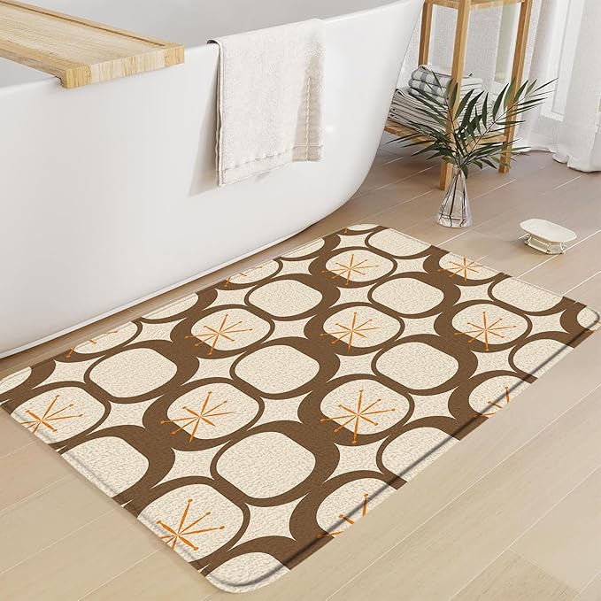 Mid Century Modern Bath Mat Abstract Atomic Geometric Retro 1950s Brown Bathroom Kitchen Toilet Rugs,18x48 Inch