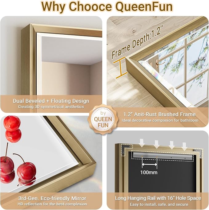 60 x 36 Gold Bathroom Mirror, Brushed Gold Beveled Bathroom Mirror, Shatterproof Large Gold Frame Rectangle Mirror, Brushed Brass Gold Framed Vanity Mirror Vertical/Horizontal Wall-Mounted